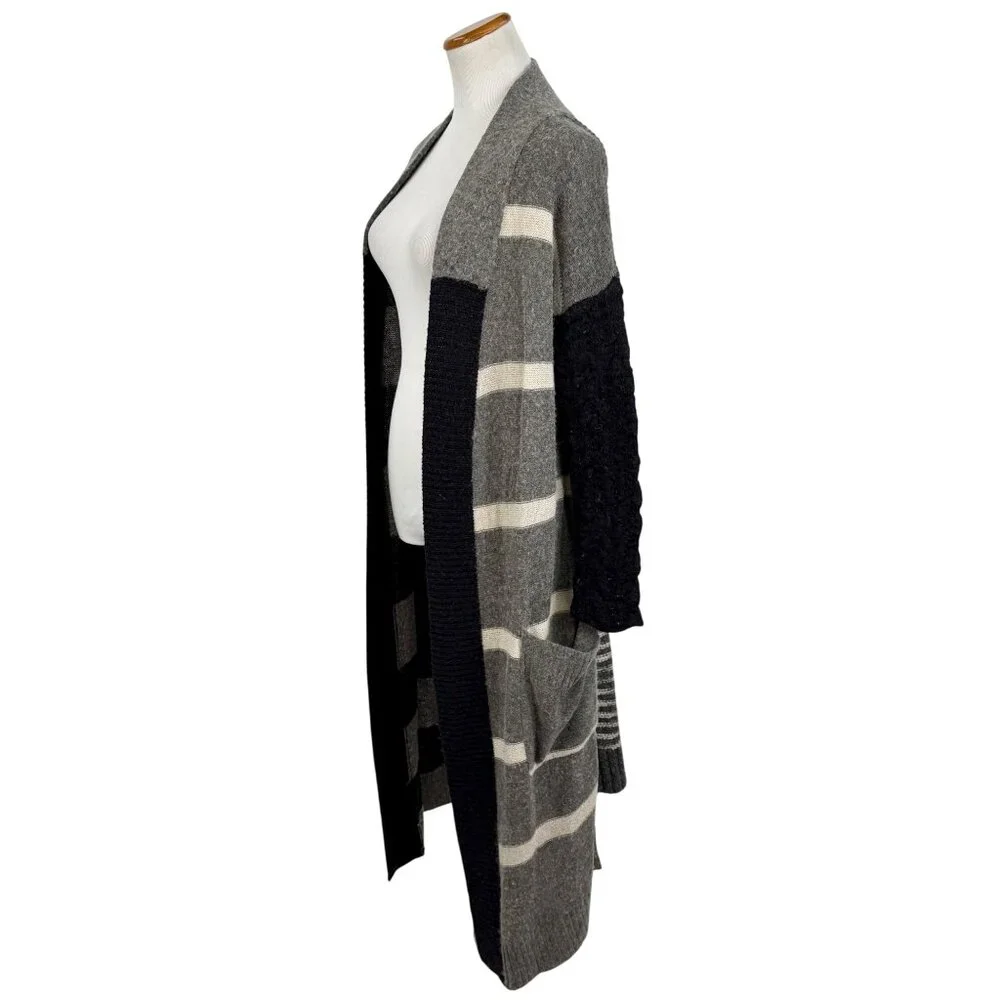Free People Black Gray Striped Floral Knit Long Cardigan S | Boho Grunge Fairy - Picture 15 of 16